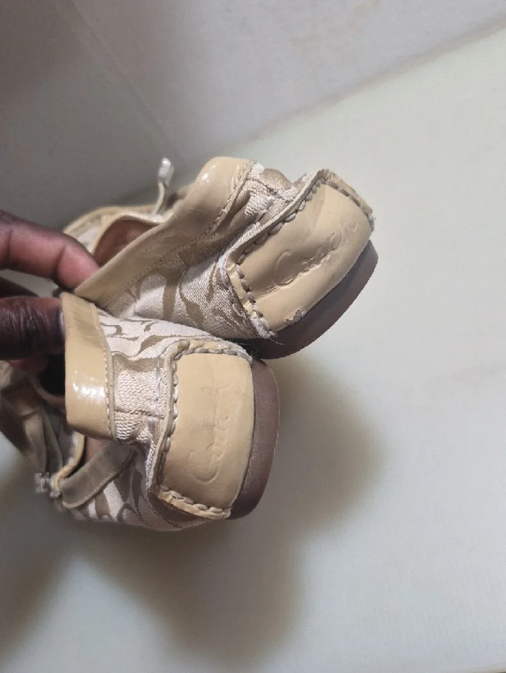 Coach Beige Signature Canvas Bow Moccasin Flats